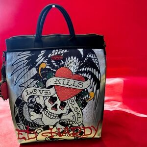 Ed Hardy Love Kills Slowly Large Black with Charms and Rhinestones Tote Bag NWT